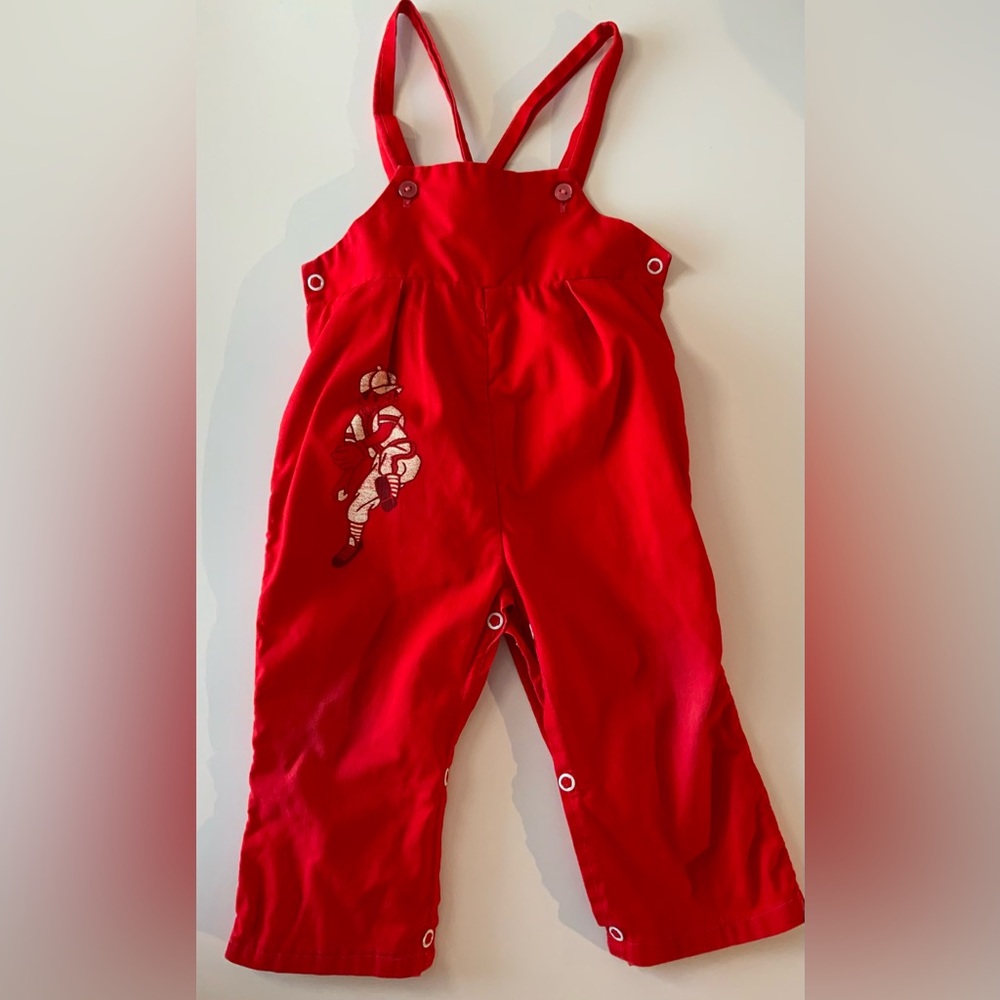 Vintage Red Baby Overalls with Baseball Player Design